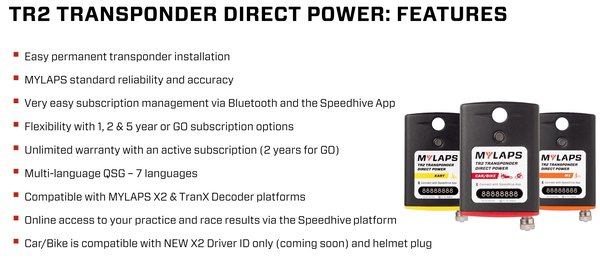 TR2 Car/Bike 1 Jahr Transponder Direct Power, inkl. Kunststoffhalter u. 12V Anschlusskabel