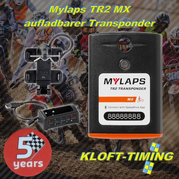 MYLAPS TR2 MX Transponder Racer Pack, inkl. 5 Jahre Funktion, inkl. Ladestation u. Kunststoffhalter