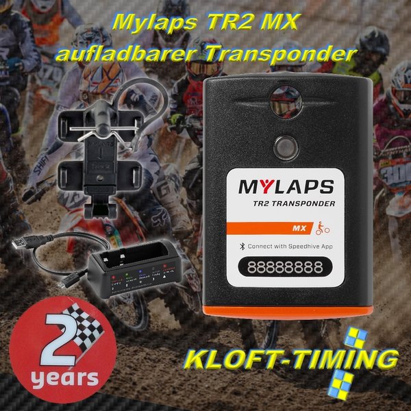MYLAPS TR2 MX Transponder Racer Pack, inkl. 2 Jahre Funktion, inkl. Ladestation u. Kunststoffhalter